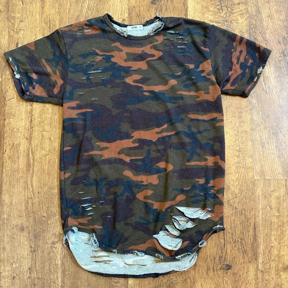EPTM Distressed Camo T-Shirt Mens Medium Green Brown Camouflage Streetwear